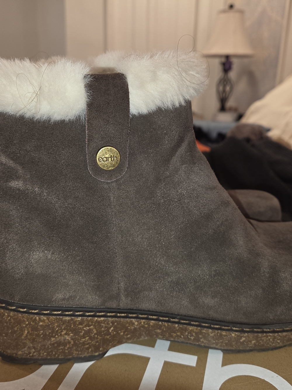 Earth Kim Brown Suede Ankle Boot with Cream Shearling Cuff